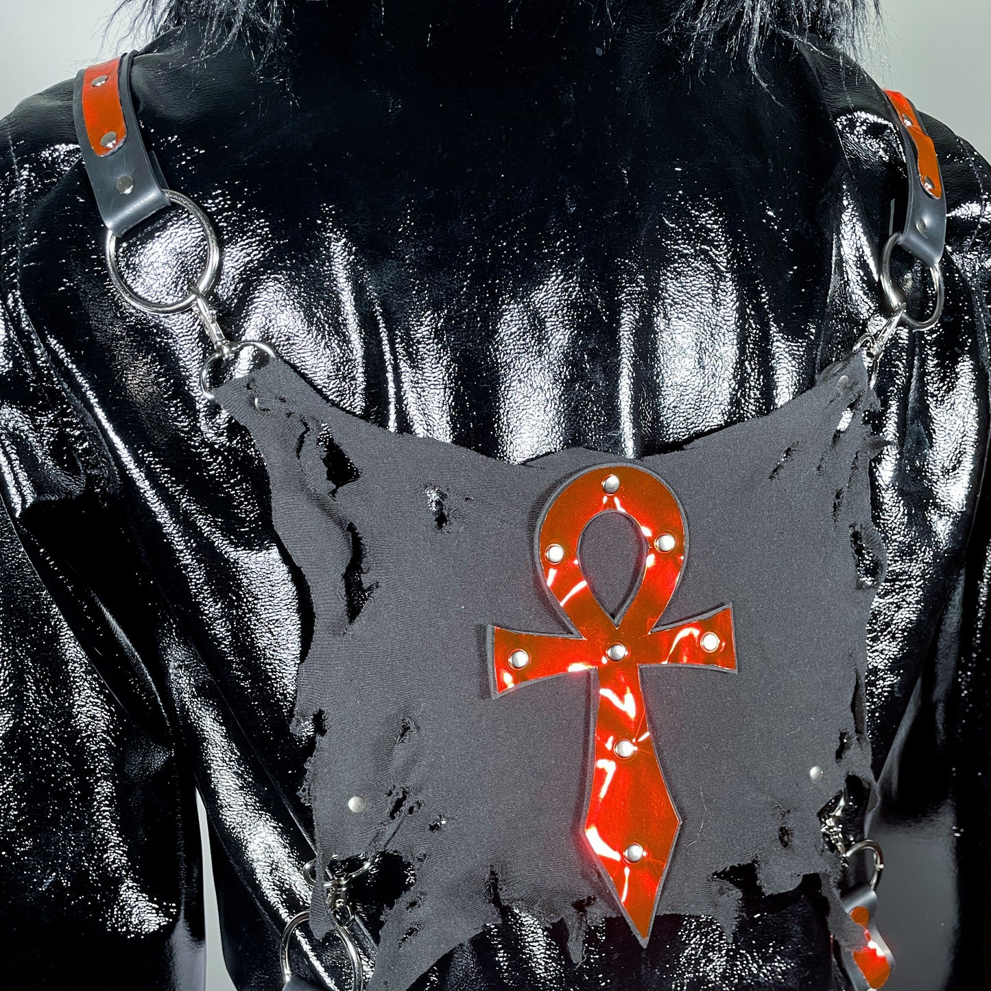 Black Vampire Ankh PVC Moto Jacket with Faux Fur