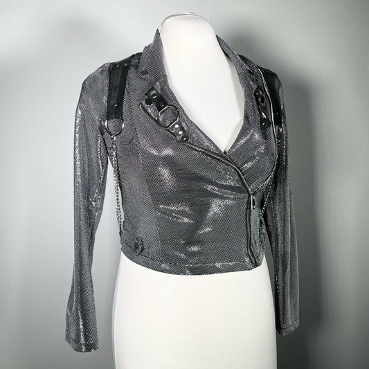 Silver and Black Metallic Fabric Lightweight Moto with Rubber Chain Harness