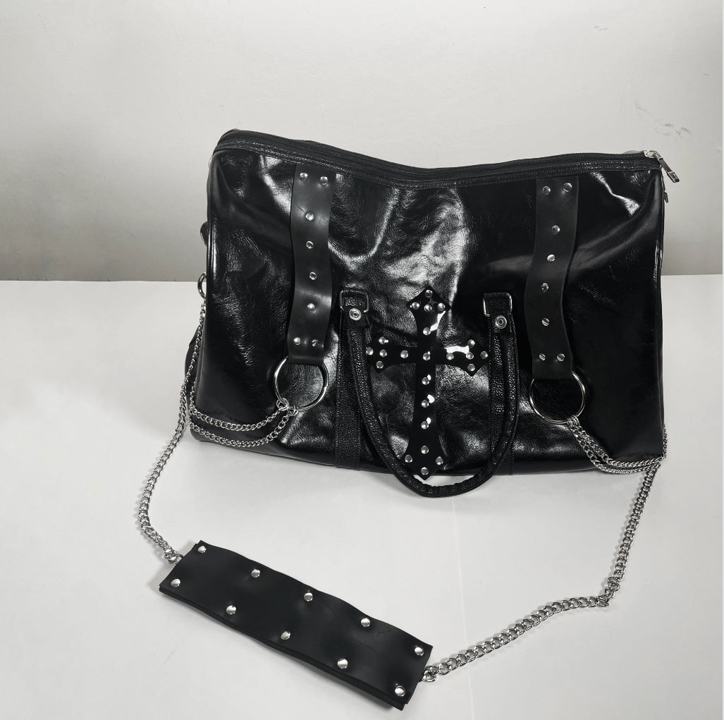 Black Duffle Bag/Overnight bag with Large PVC Studded Cross and Chains