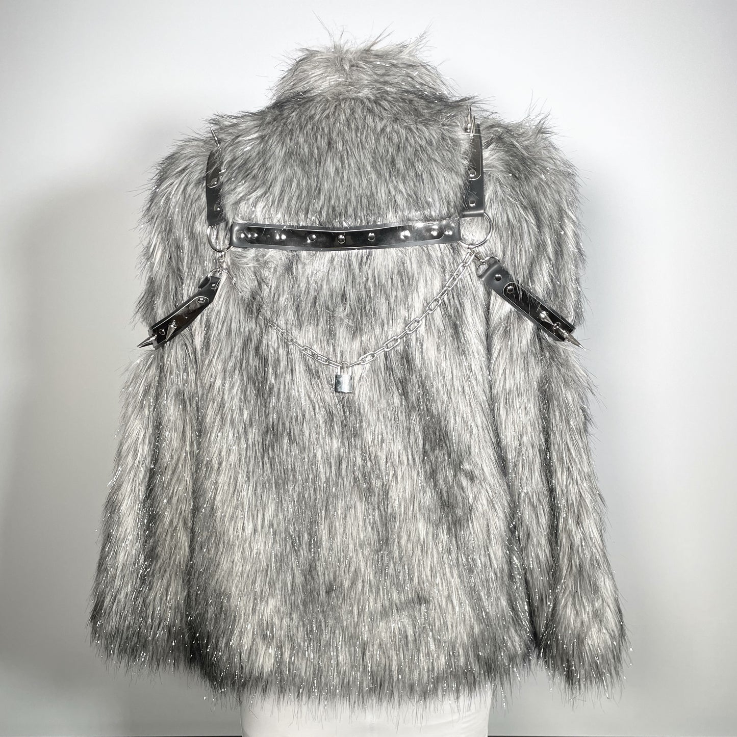 Grey with Silver Tinsel, Silver and Black Spiked Shoulder Harness Faux Fur Jacket