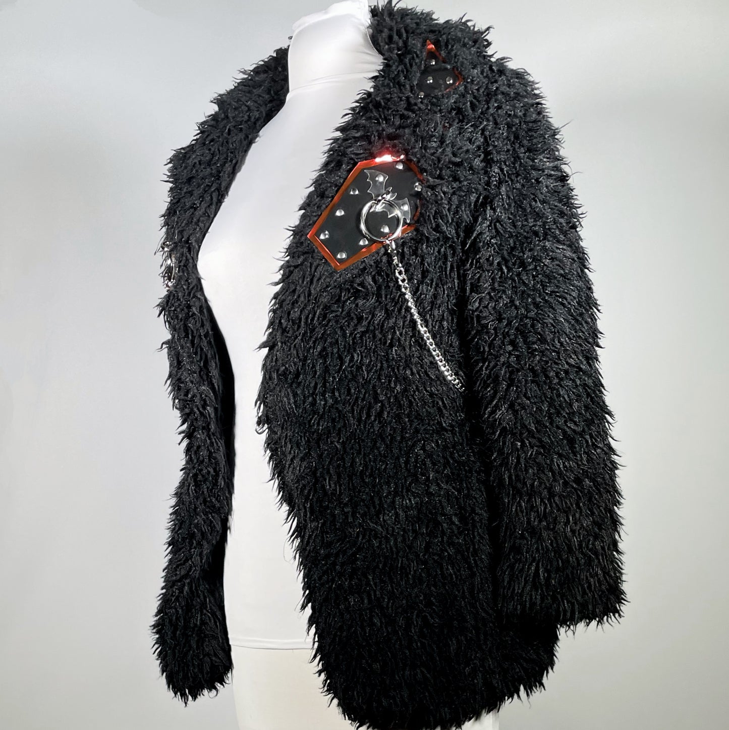 Black Faux Fur Coat w/ PVC Coffin with Stainless O-ring Bat and Removable Chain Harness