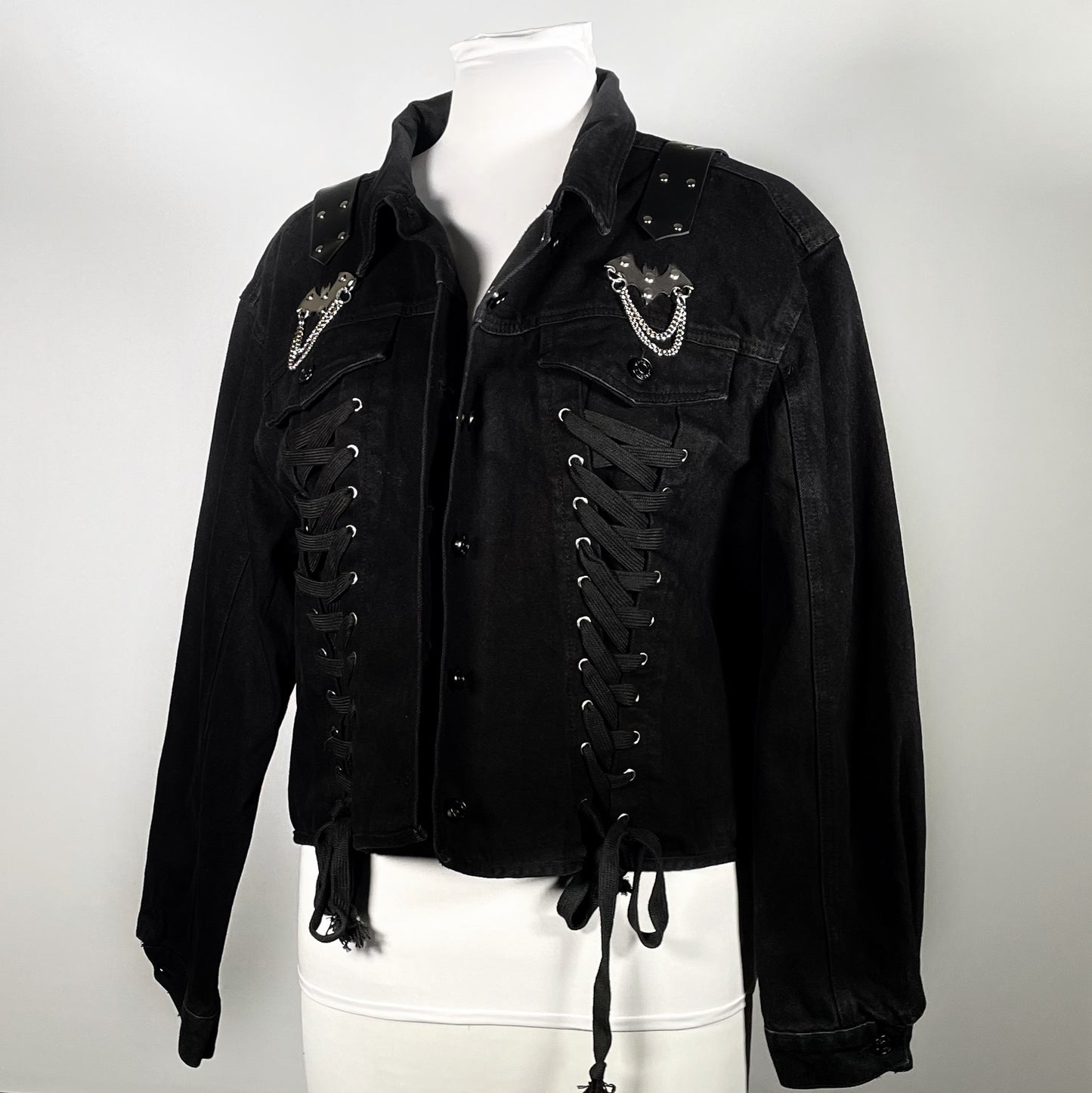 Black Denim Jacket with Stainless O-ring Bats and Coffin Chain Back