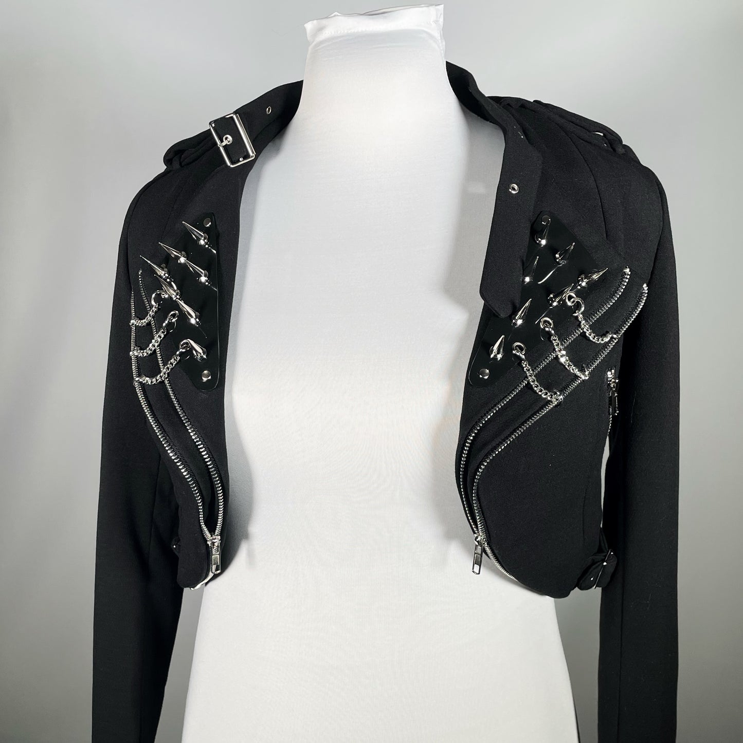 Black Fabric Lightweight Cropped Moto with PVC Spiked Lapel and Chains