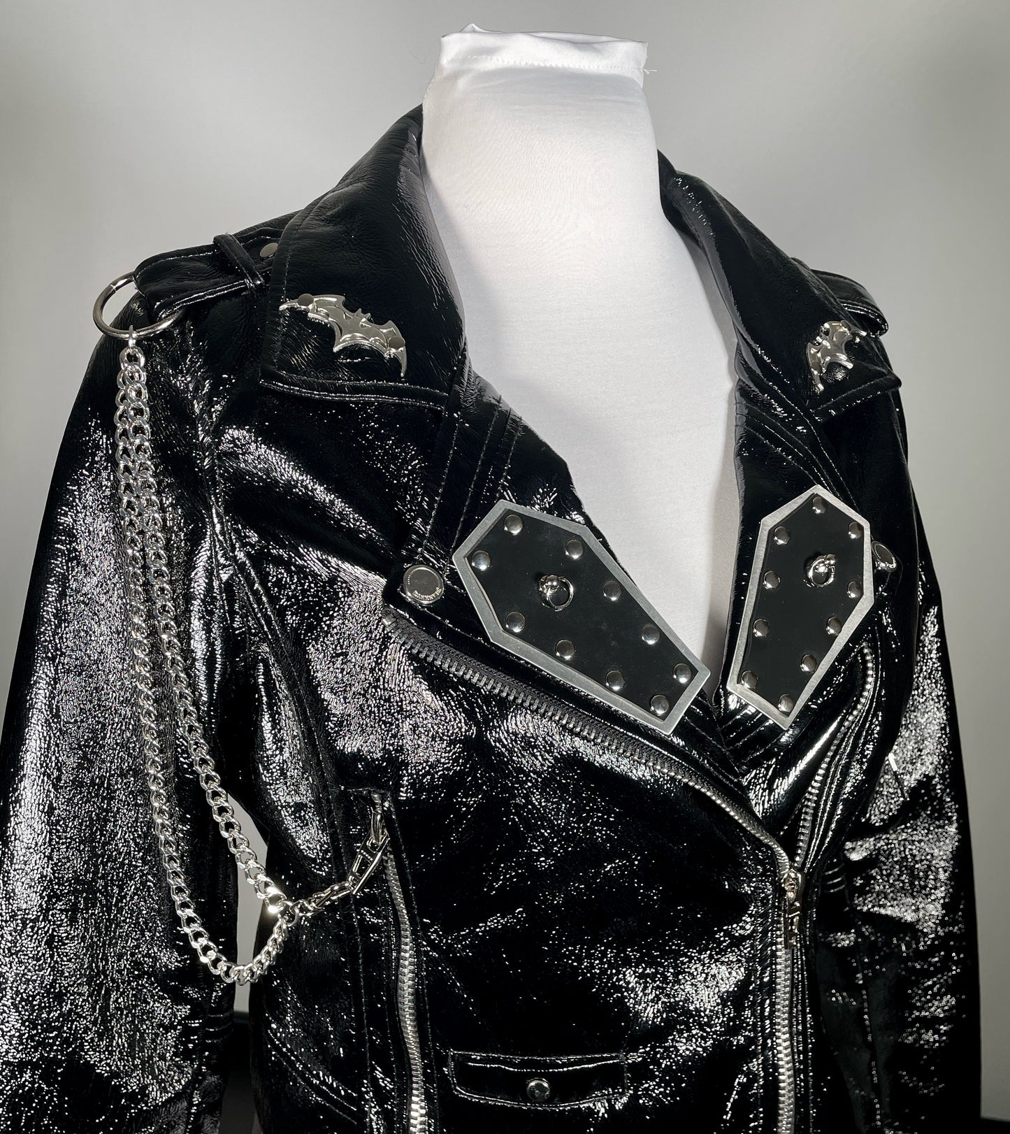 Black PVC Moto Jacket with Rubber/Metal Coffins, Bats and Removable Chains