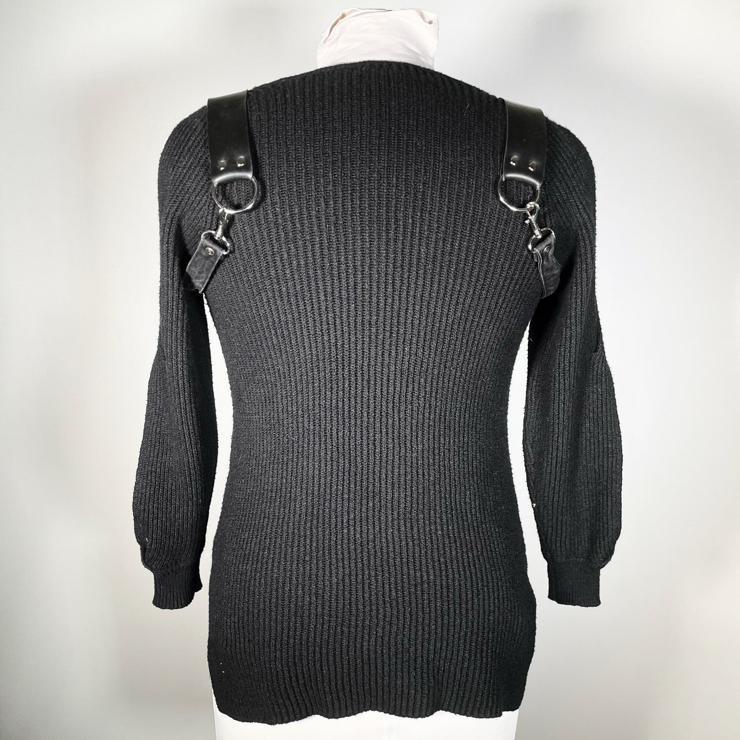 Black Goth Sweater with Bat O-ring, Shoulder Harness Straps and Open Sleeves