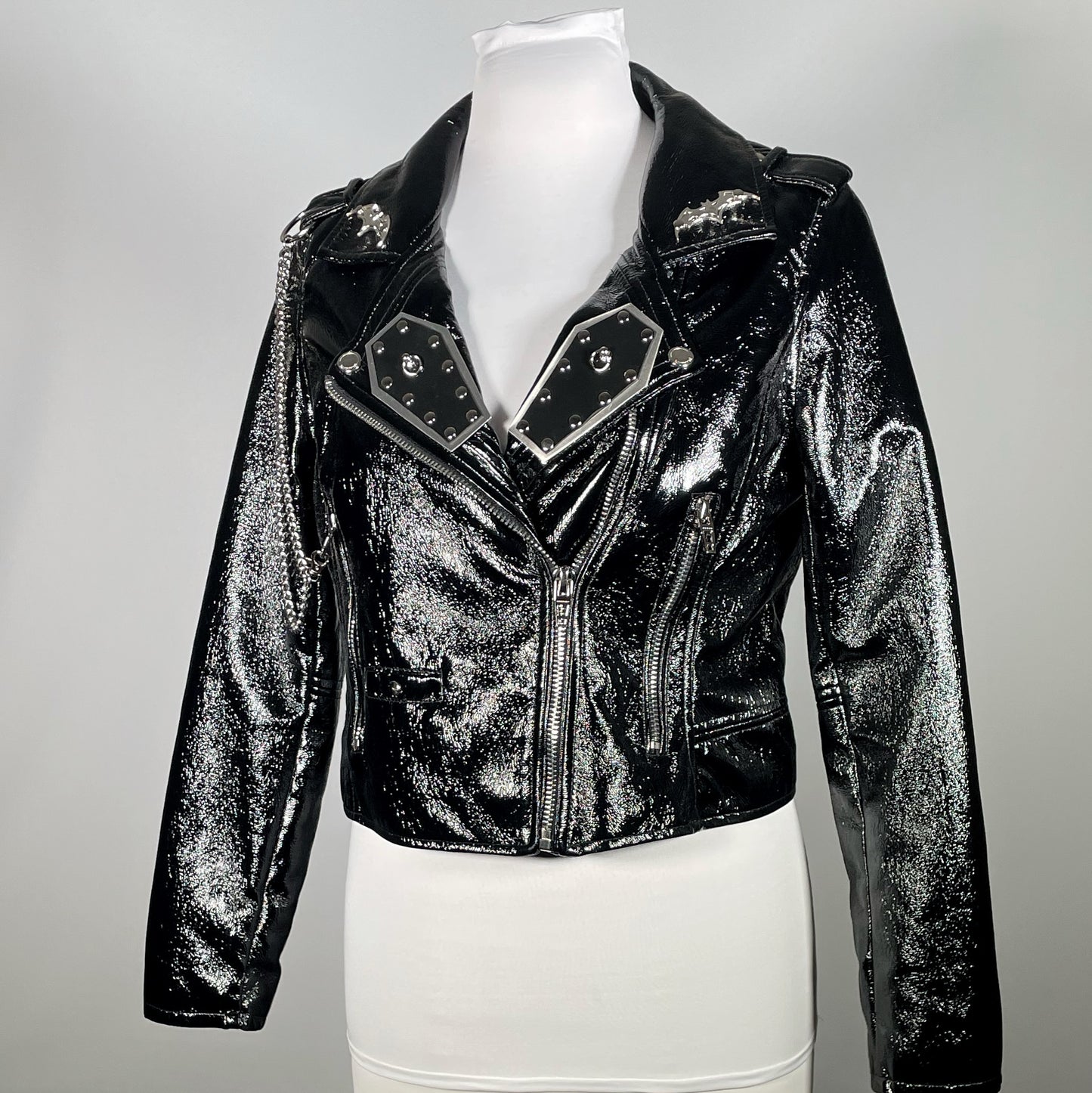 Black PVC Moto Jacket with Rubber/Metal Coffins, Bats and Removable Chains