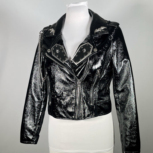Black PVC Moto Jacket with Rubber/Metal Coffins, Bats and Removable Chains