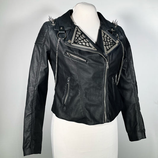 Black Pleather Moto with Metal Plating, PVC Spiderwebs, Spiked Shoulders and Removable Chain Harness