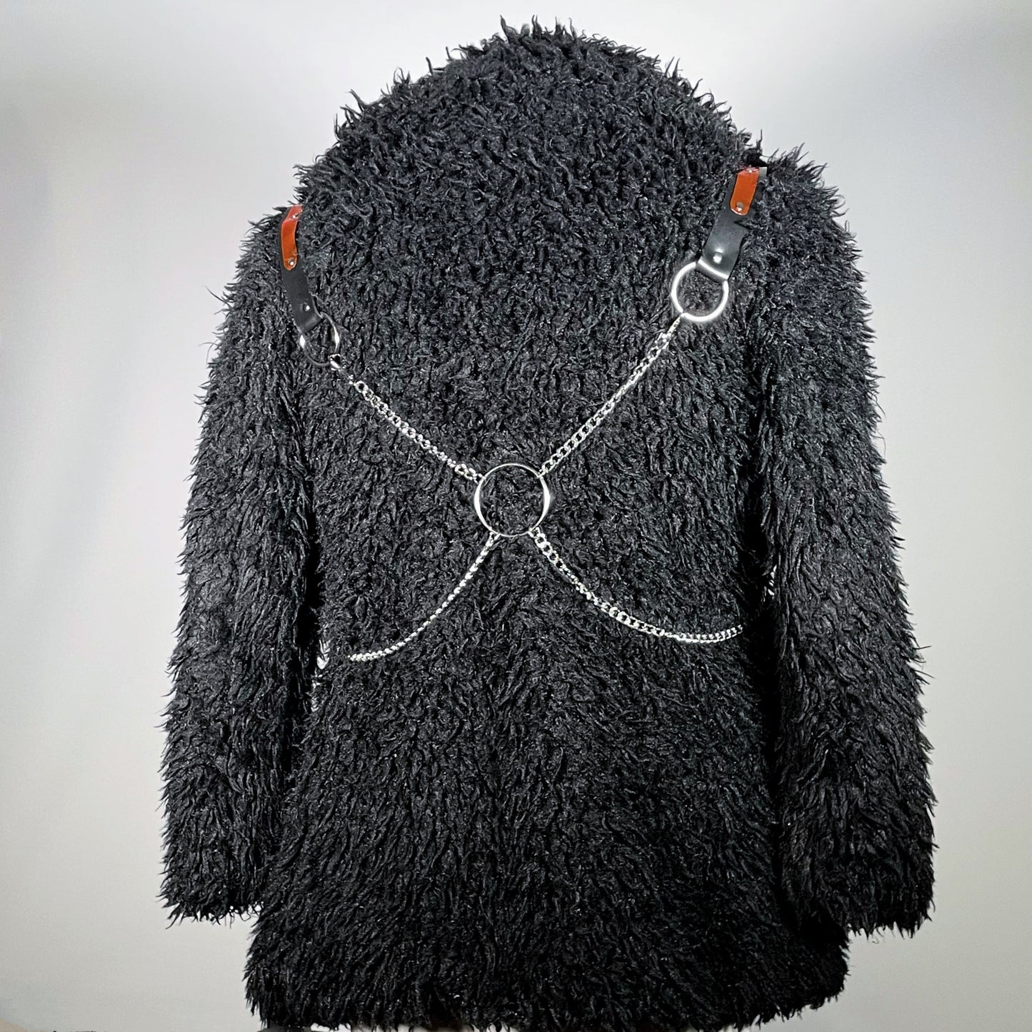 Black Faux Fur Coat w/ PVC Coffin with Stainless O-ring Bat and Removable Chain Harness