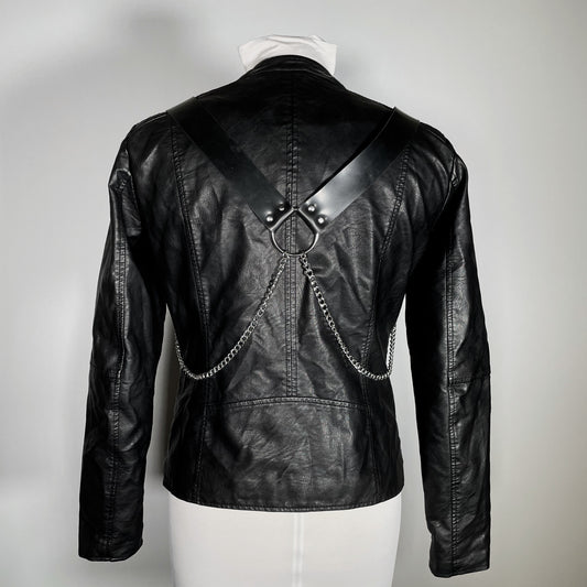 Black Pleather Moto Jacket with Metal Plating and Spikes and Harness back