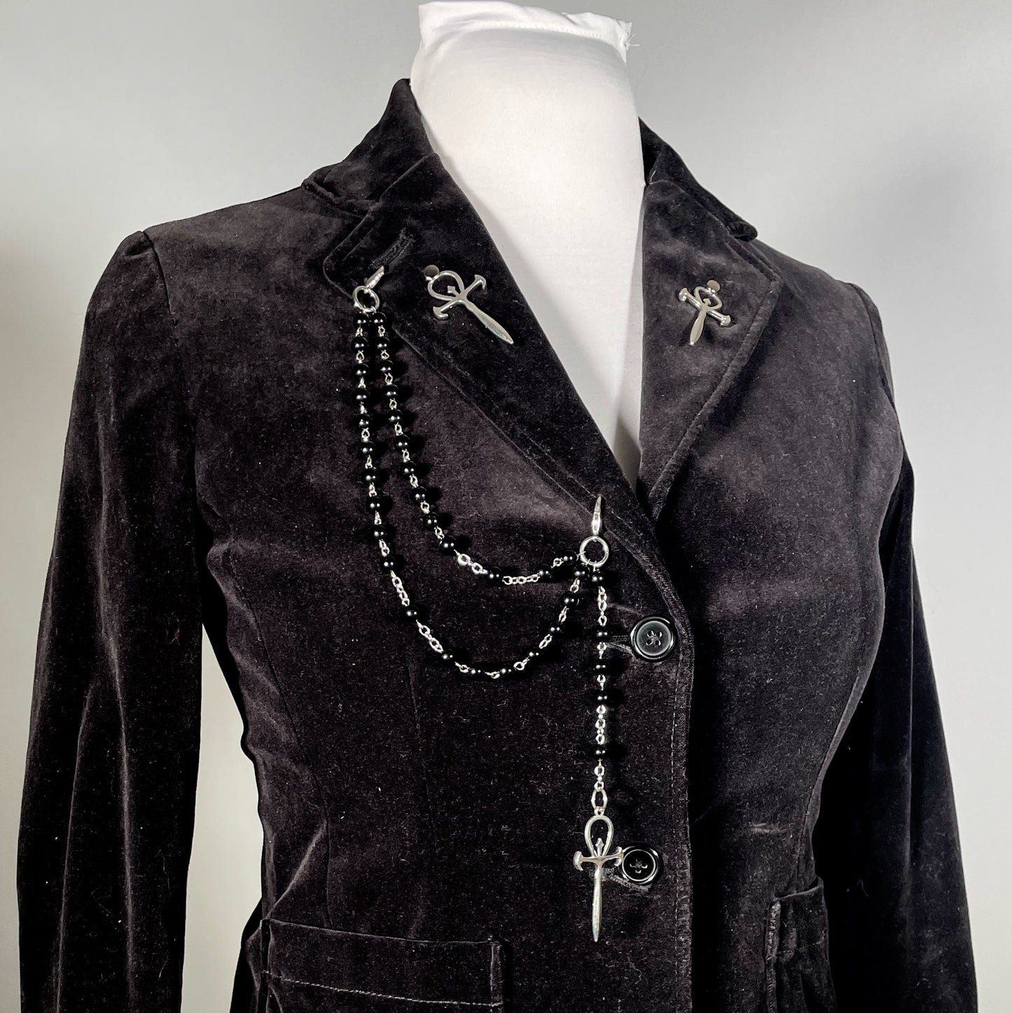 Black Velvet Blazer with Rosary Chain with Vampire Ankhs