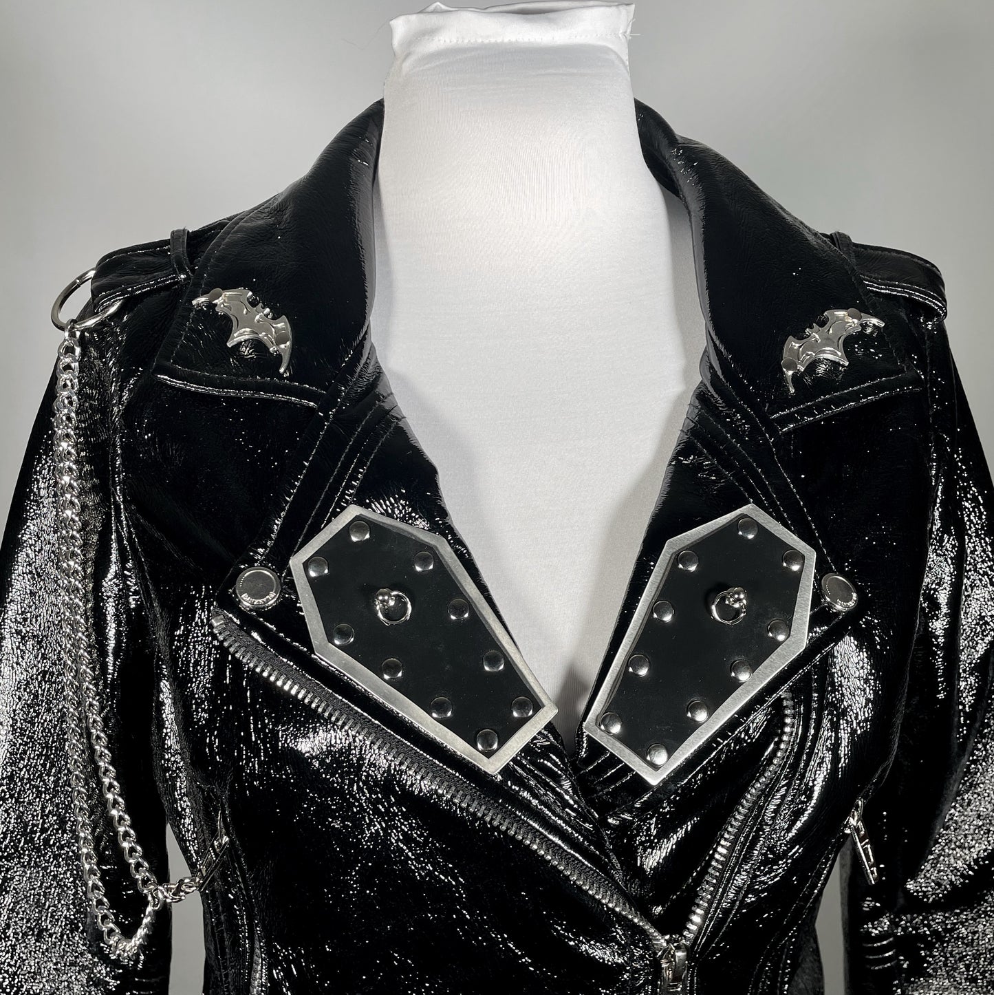 Black PVC Moto Jacket with Rubber/Metal Coffins, Bats and Removable Chains