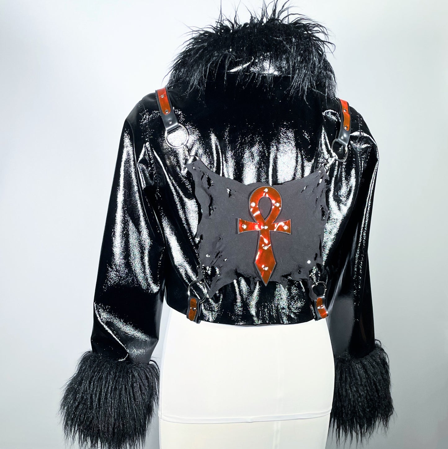 Black Vampire Ankh PVC Moto Jacket with Faux Fur