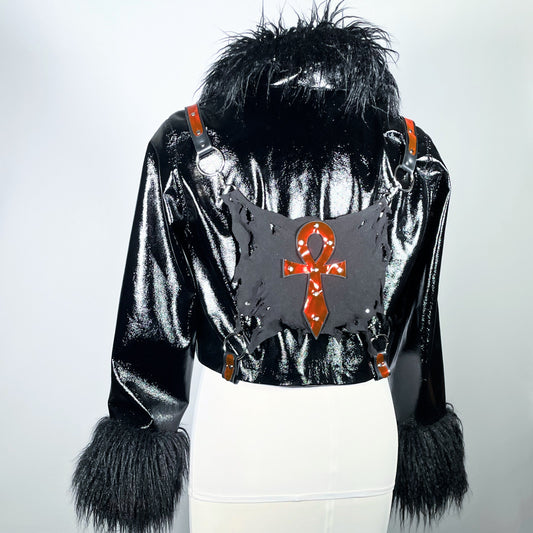 Black Vampire Ankh PVC Moto Jacket with Faux Fur