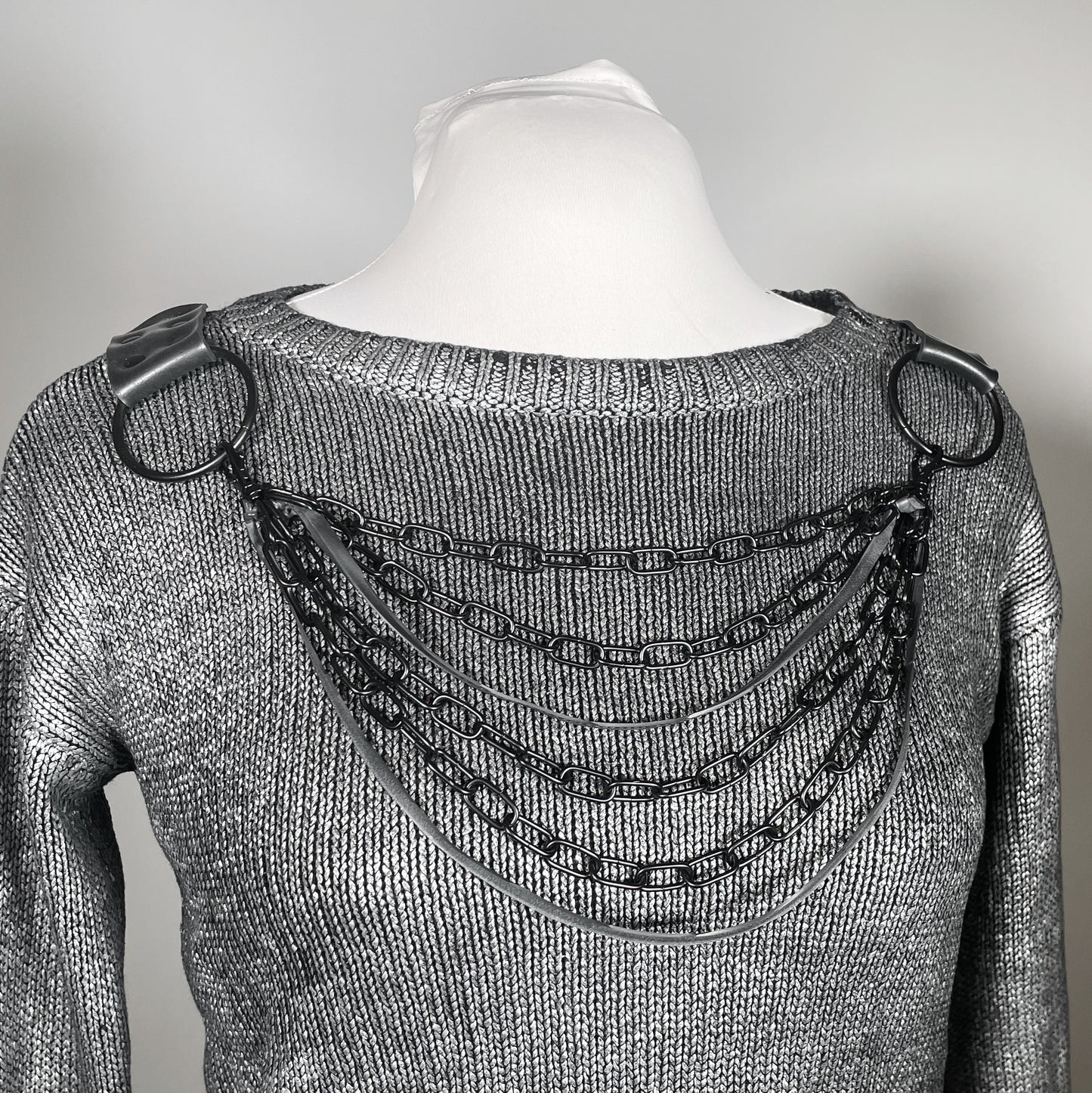 Metallic Silver Sweater with Black Chains