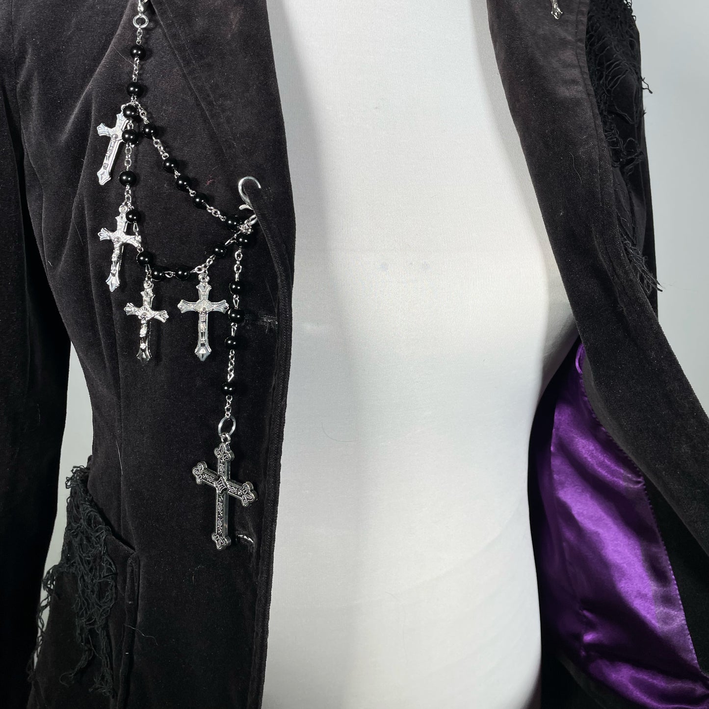Black Velvet Blazer with Rosary Chain with Crosses and Cobwebs