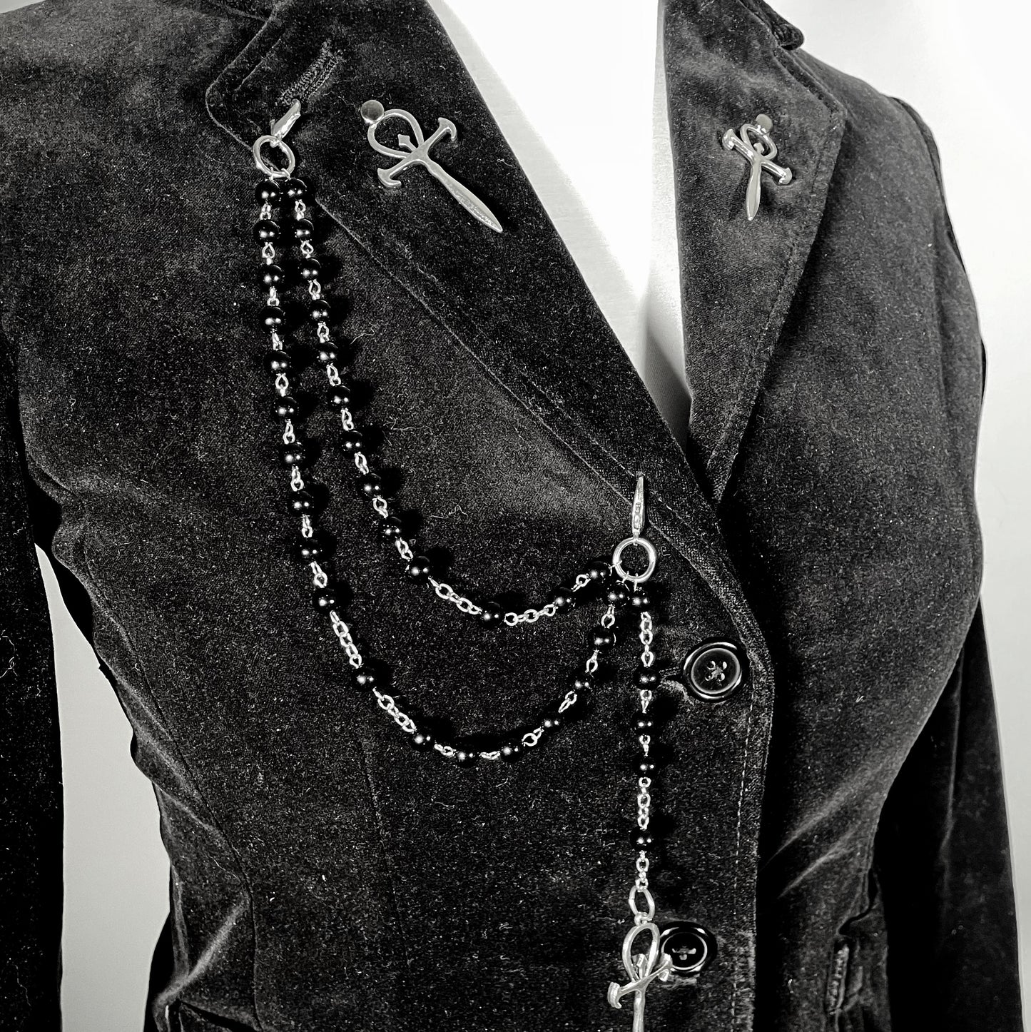 Black Velvet Blazer with Rosary Chain with Vampire Ankhs