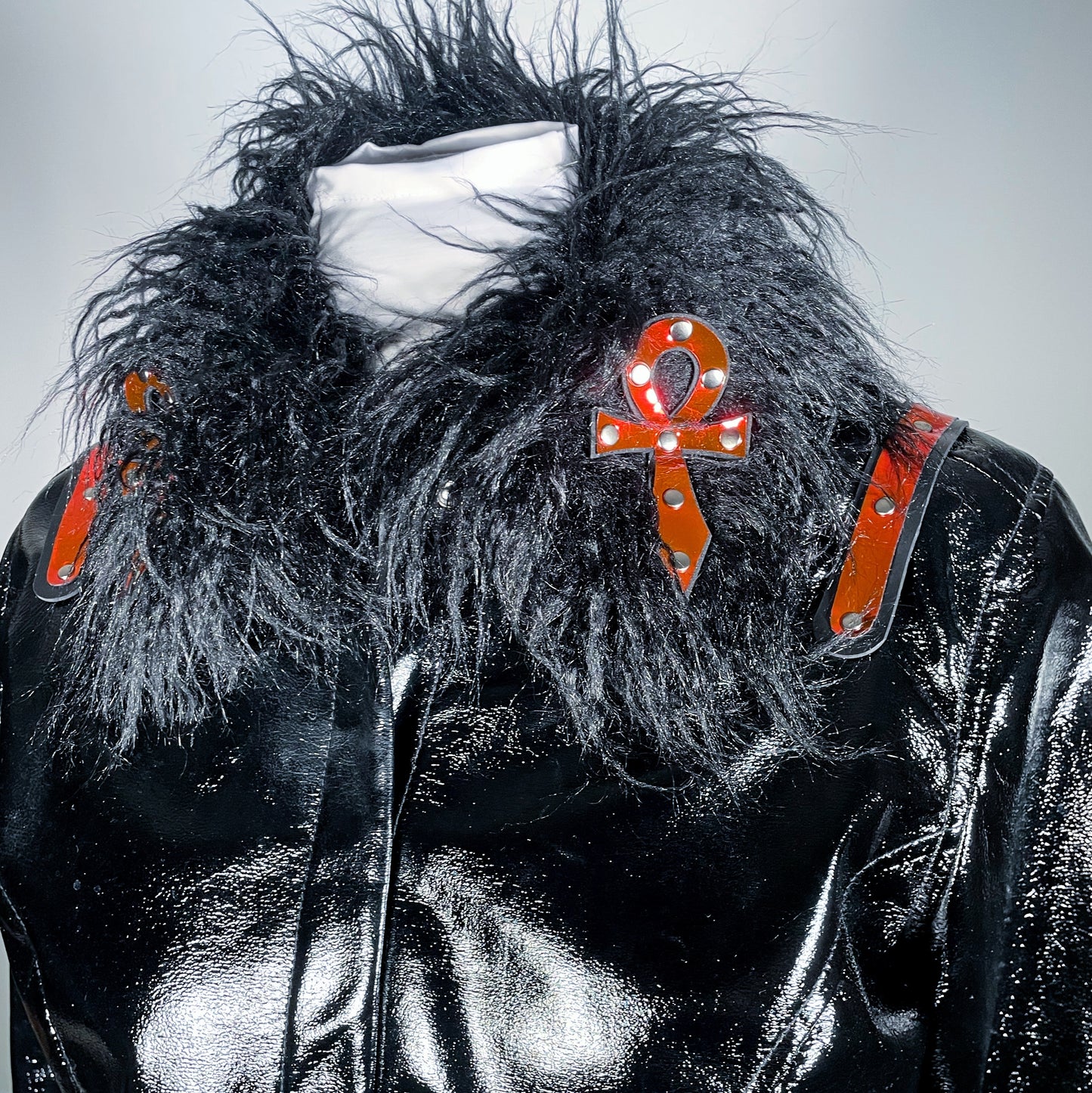 Black Vampire Ankh PVC Moto Jacket with Faux Fur