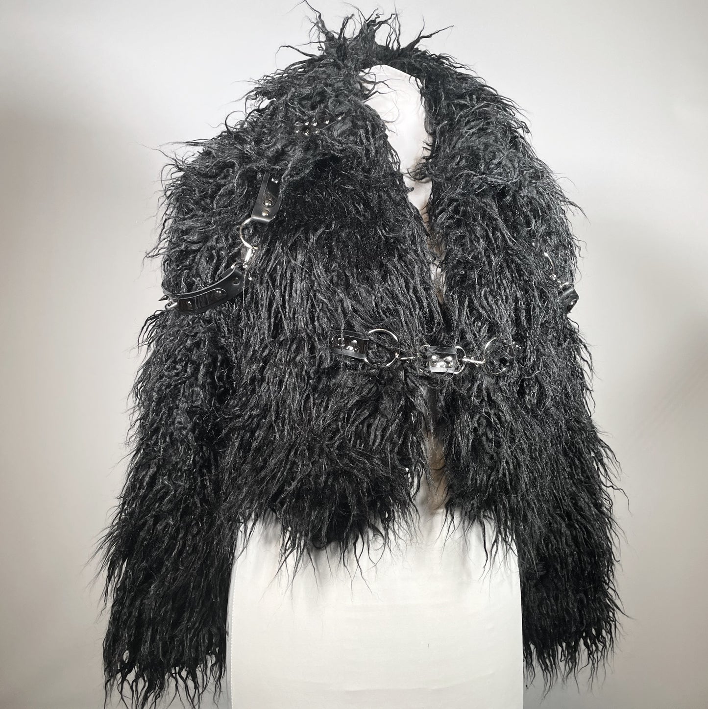 Black and Silver Harness Faux Fur Jacket