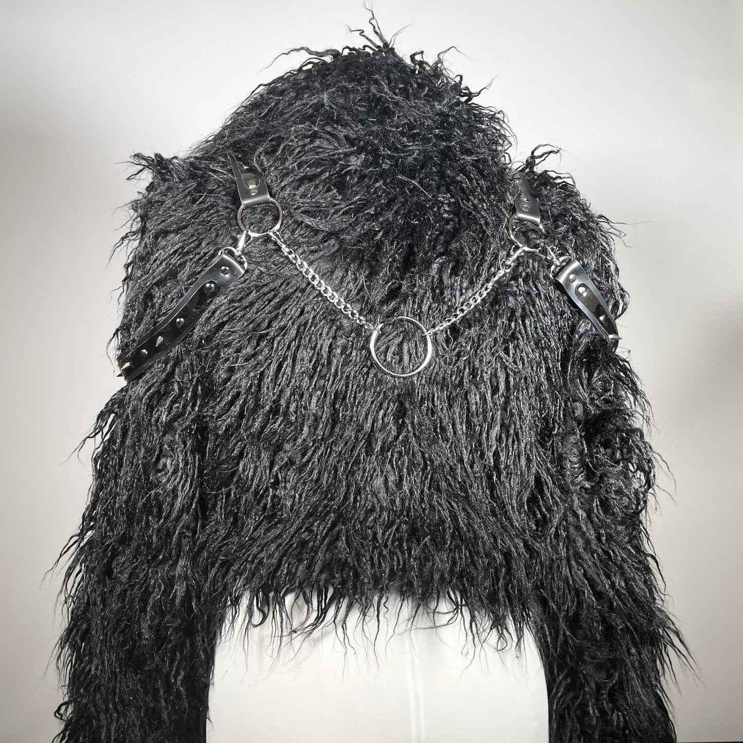 Black and Silver Harness Faux Fur Jacket