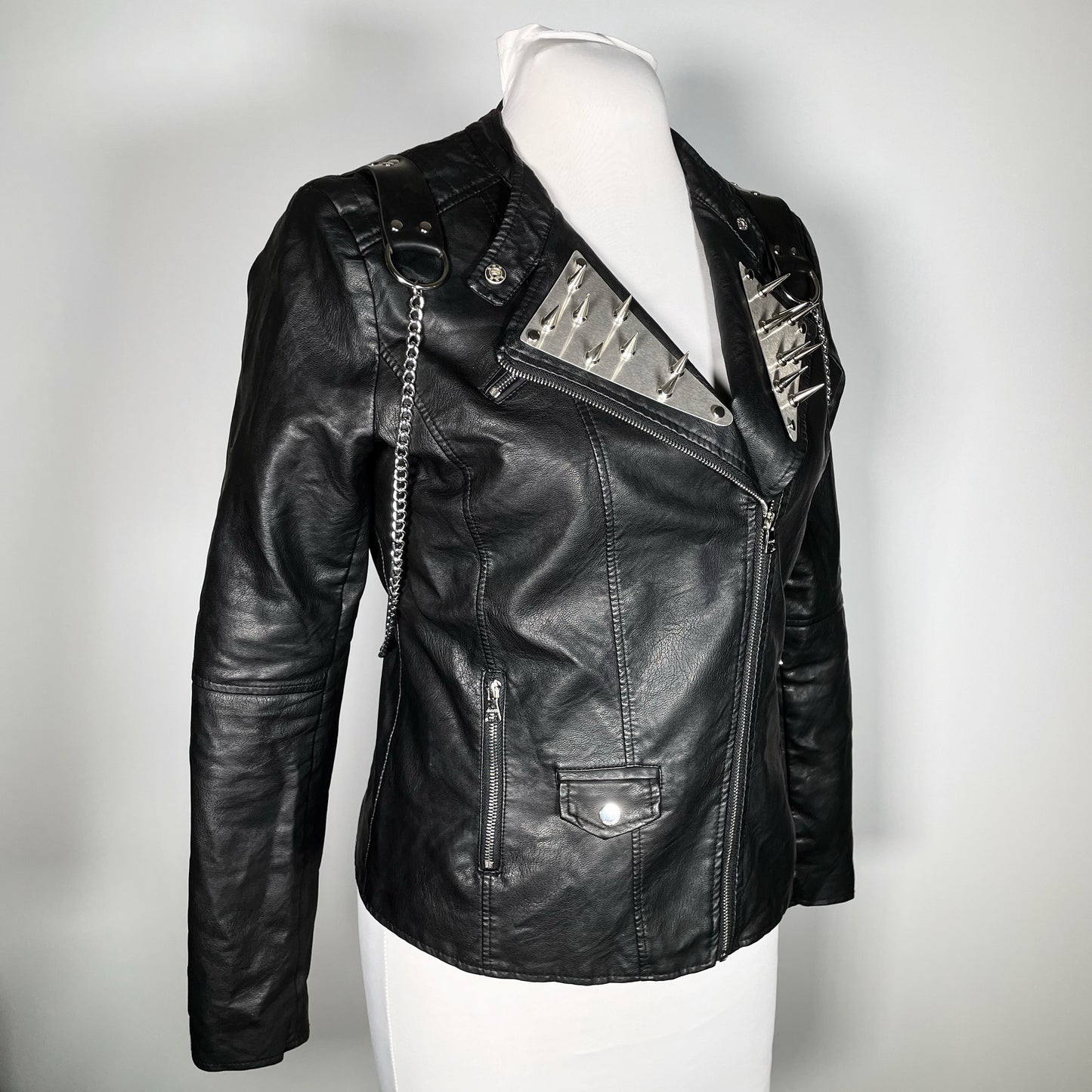 Black Pleather Moto Jacket with Metal Plating and Spikes and Harness back