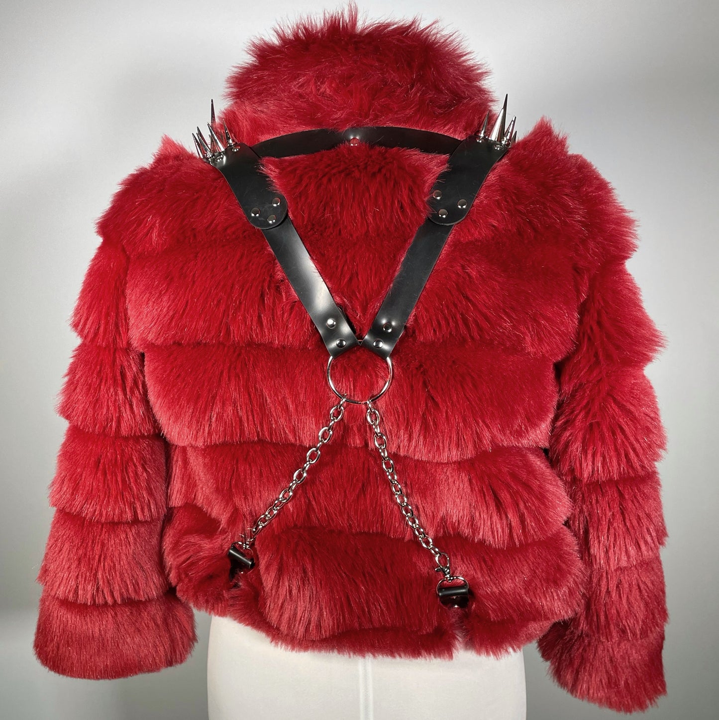 Red Faux Fur Cropped Jacket with Black Spiked Harness