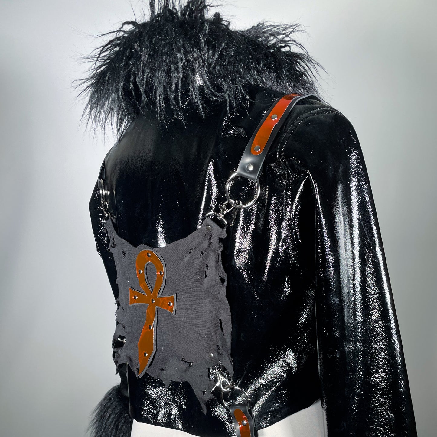 Black Vampire Ankh PVC Moto Jacket with Faux Fur