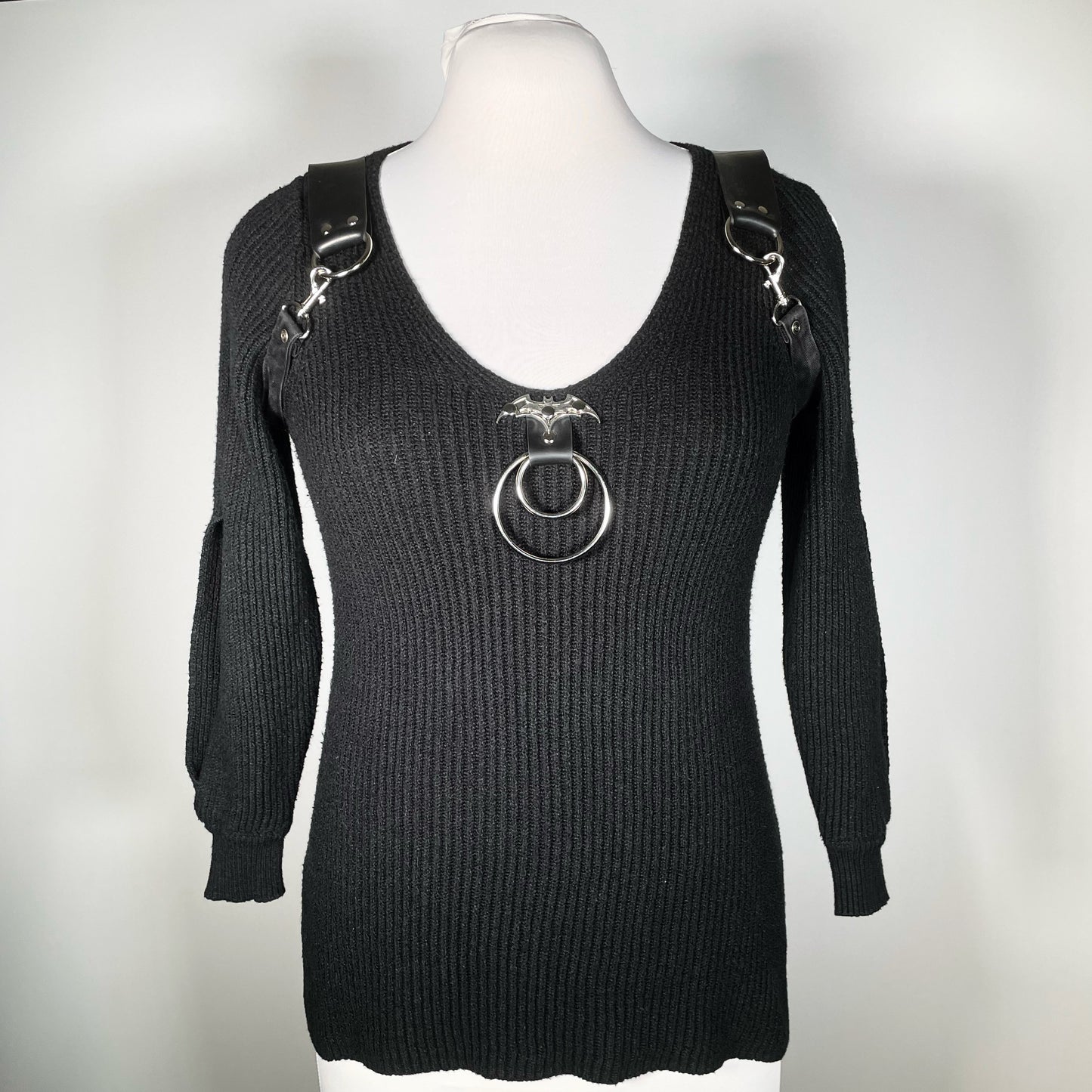 Black Goth Sweater with Bat O-ring, Shoulder Harness Straps and Open Sleeves