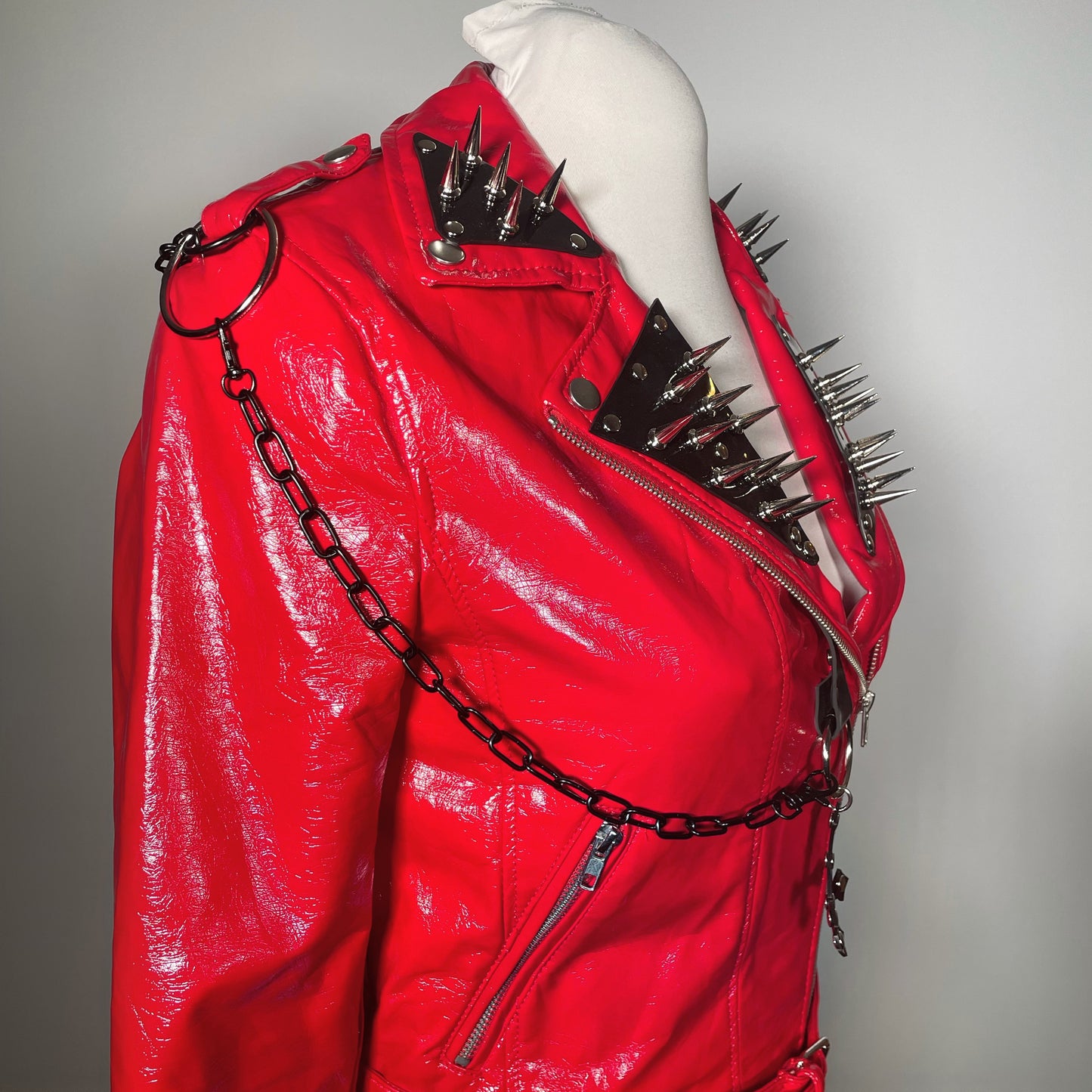 Red PVC Vinyl Goth Moto Jacket with Black PVC Cross, Collar and Black Chains