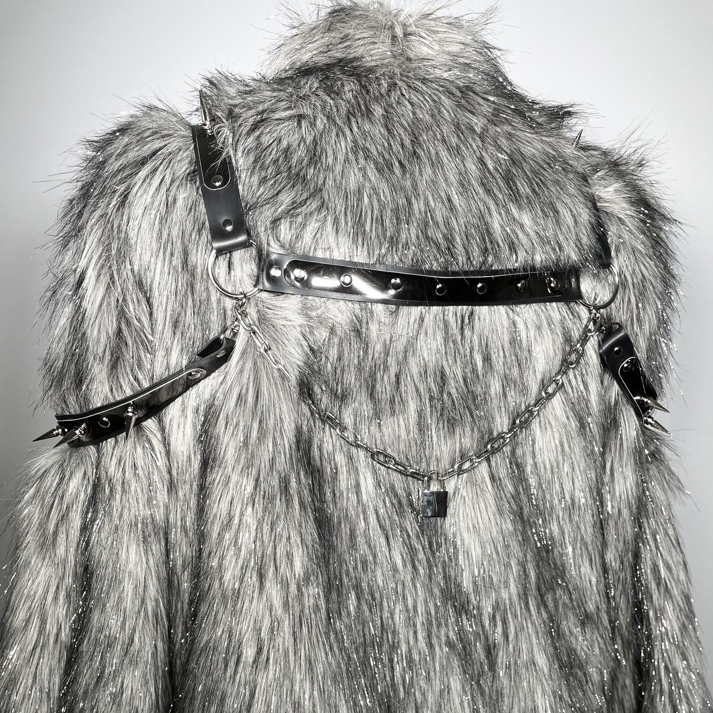 Grey with Silver Tinsel, Silver and Black Spiked Shoulder Harness Faux Fur Jacket