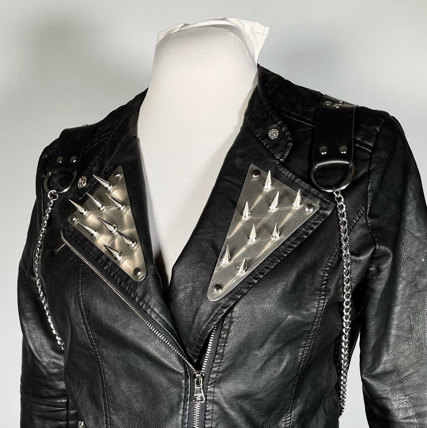 Black Pleather Moto Jacket with Metal Plating and Spikes and Harness back