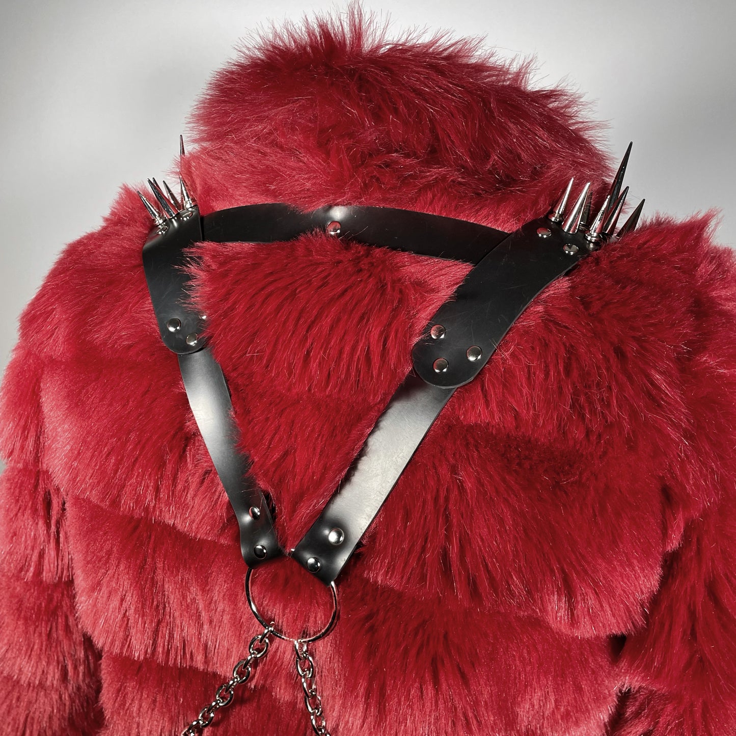Red Faux Fur Cropped Jacket with Black Spiked Harness