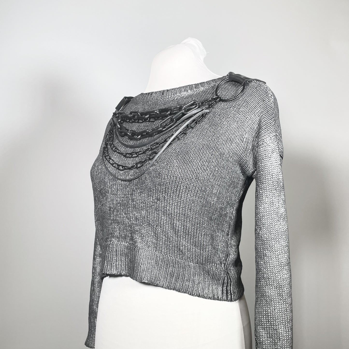 Metallic Silver Sweater with Black Chains