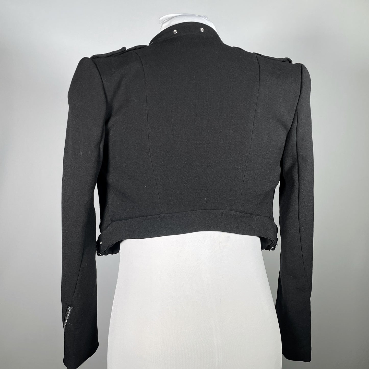 Black Fabric Lightweight Cropped Moto with PVC Spiked Lapel and Chains