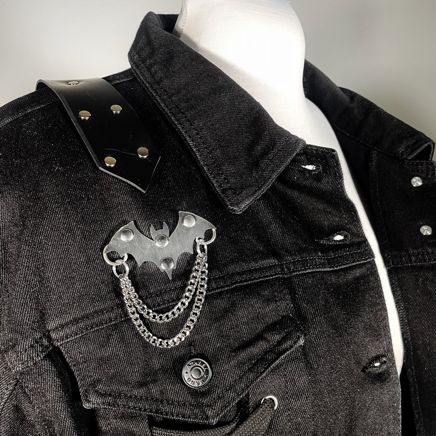Black Denim Jacket with Stainless O-ring Bats and Coffin Chain Back