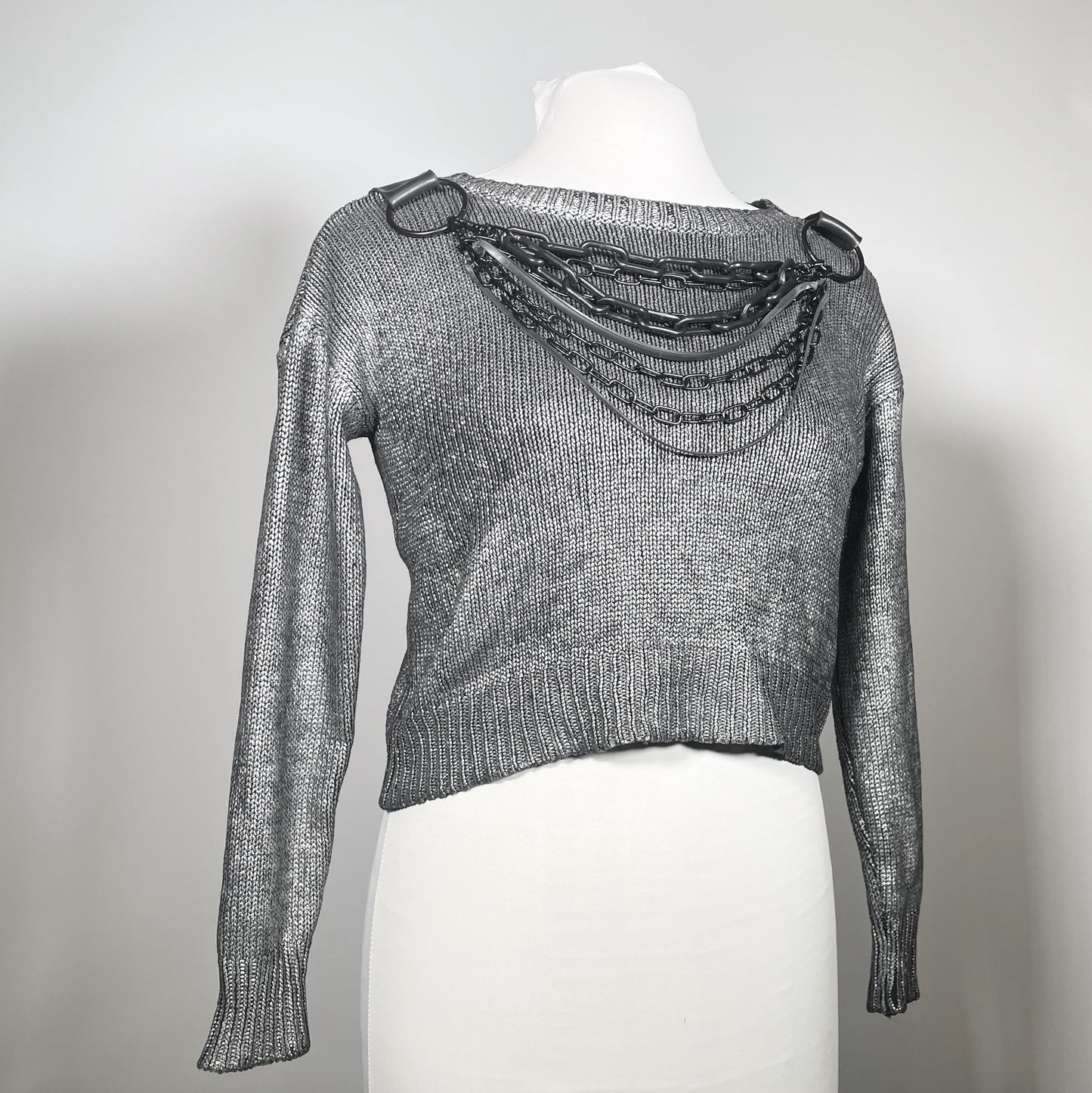 Metallic Silver Sweater with Black Chains