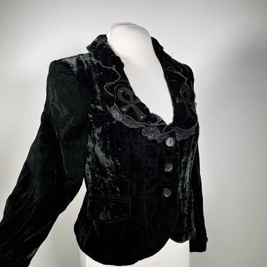Black Crushed Velvet Blazer with PVC Ankhs and Lace