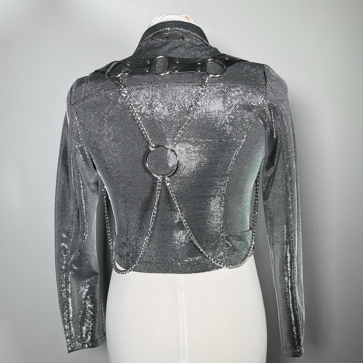Silver and Black Metallic Fabric Lightweight Moto with Rubber Chain Harness