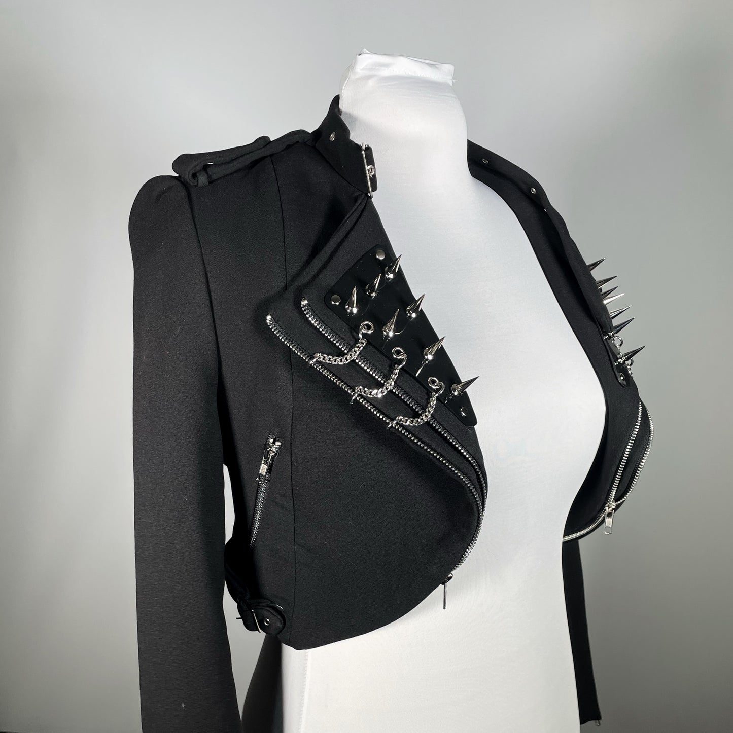 Black Fabric Lightweight Cropped Moto with PVC Spiked Lapel and Chains