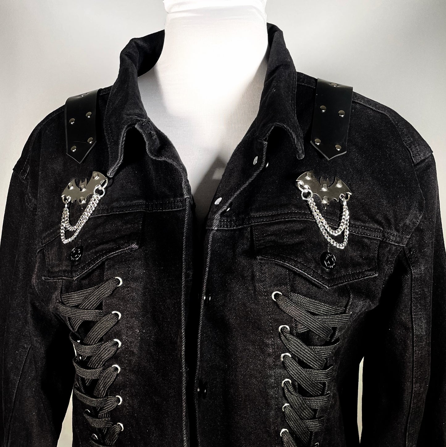 Black Denim Jacket with Stainless O-ring Bats and Coffin Chain Back