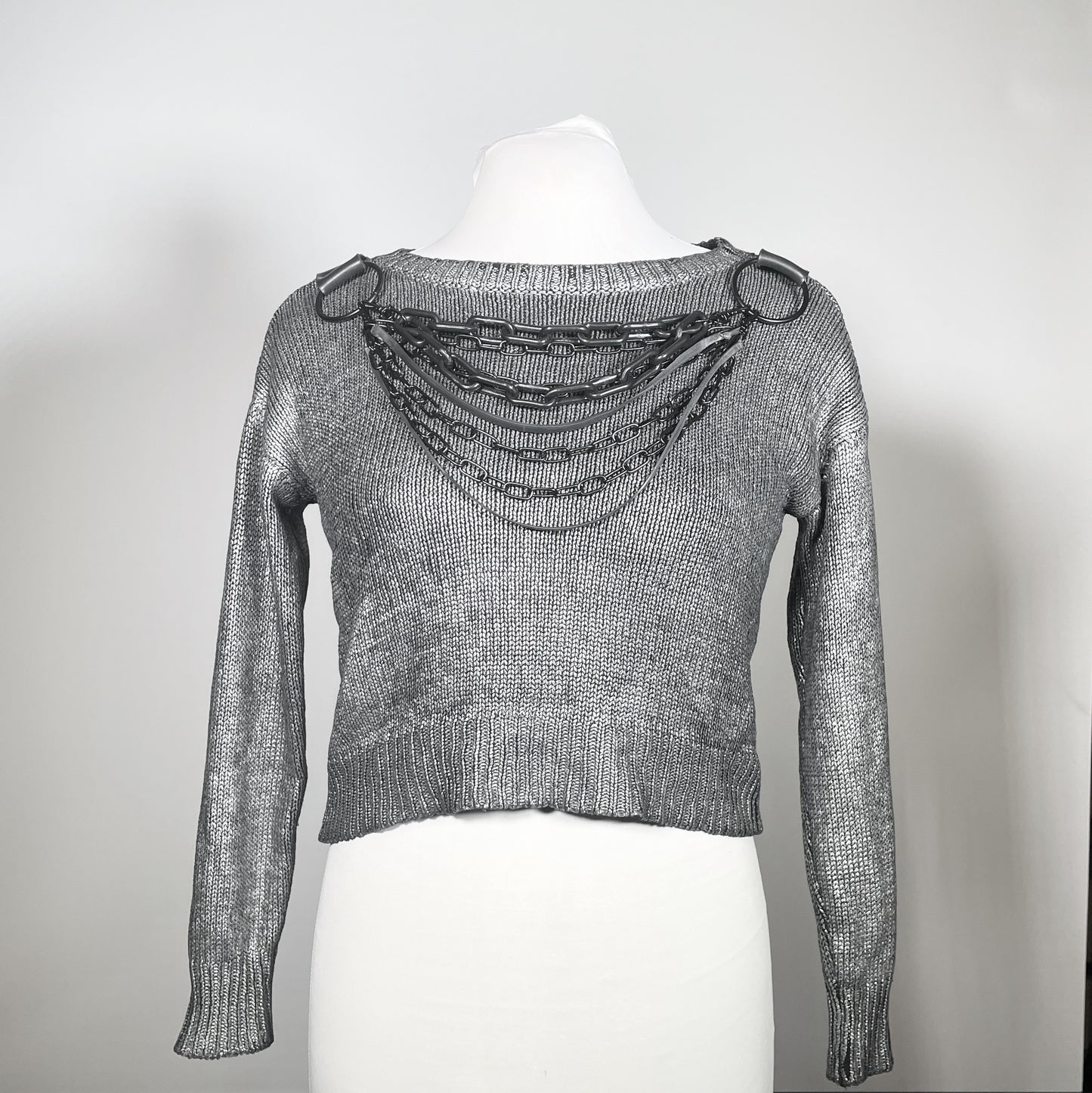 Metallic Silver Sweater with Black Chains