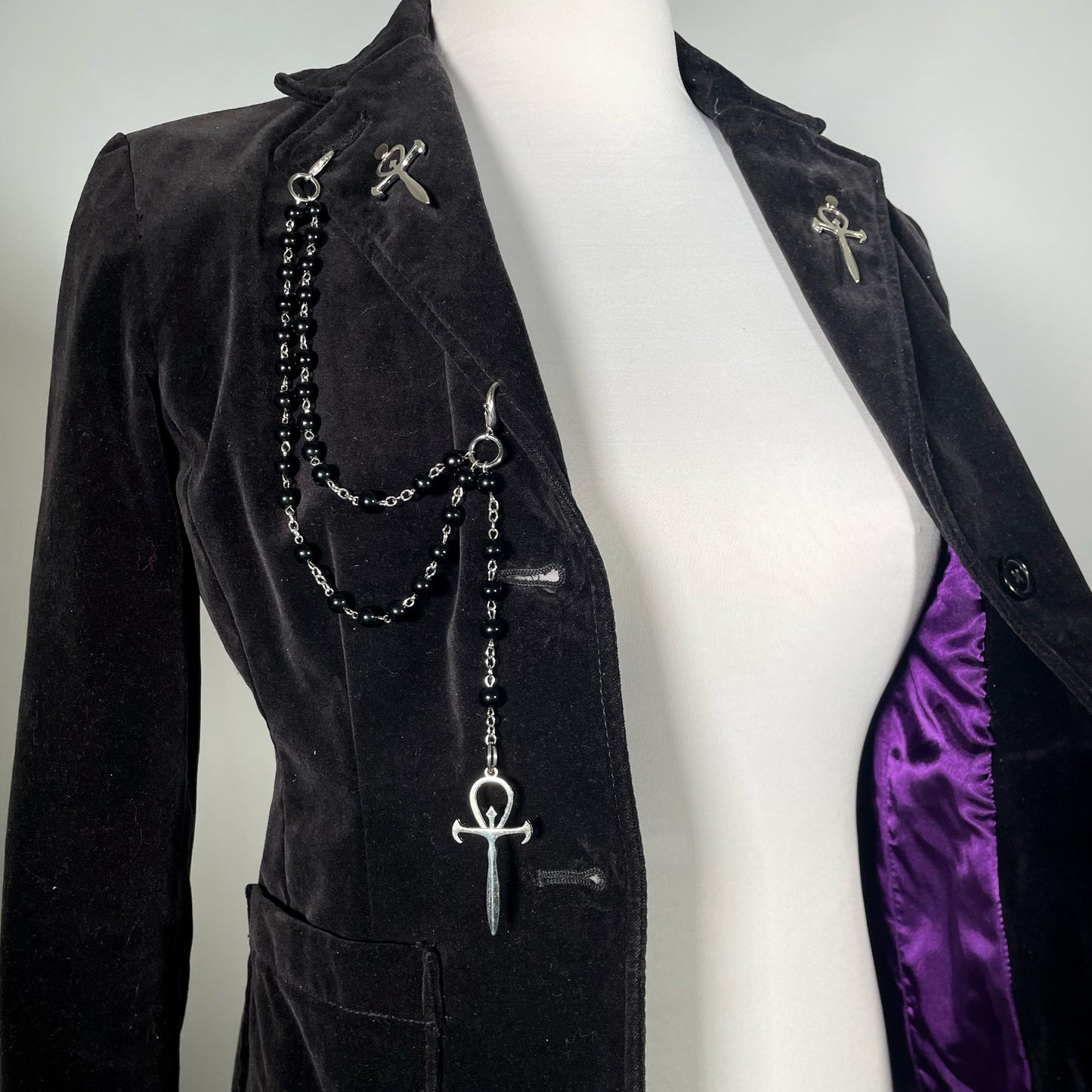 Black Velvet Blazer with Rosary Chain with Vampire Ankhs