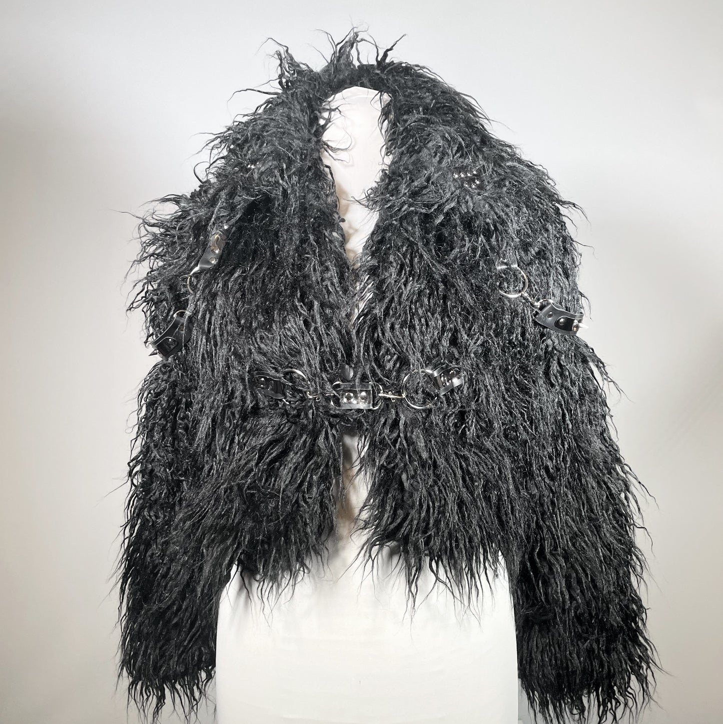 Black and Silver Harness Faux Fur Jacket