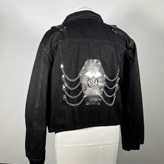 Black Denim Jacket with Stainless O-ring Bats and Coffin Chain Back