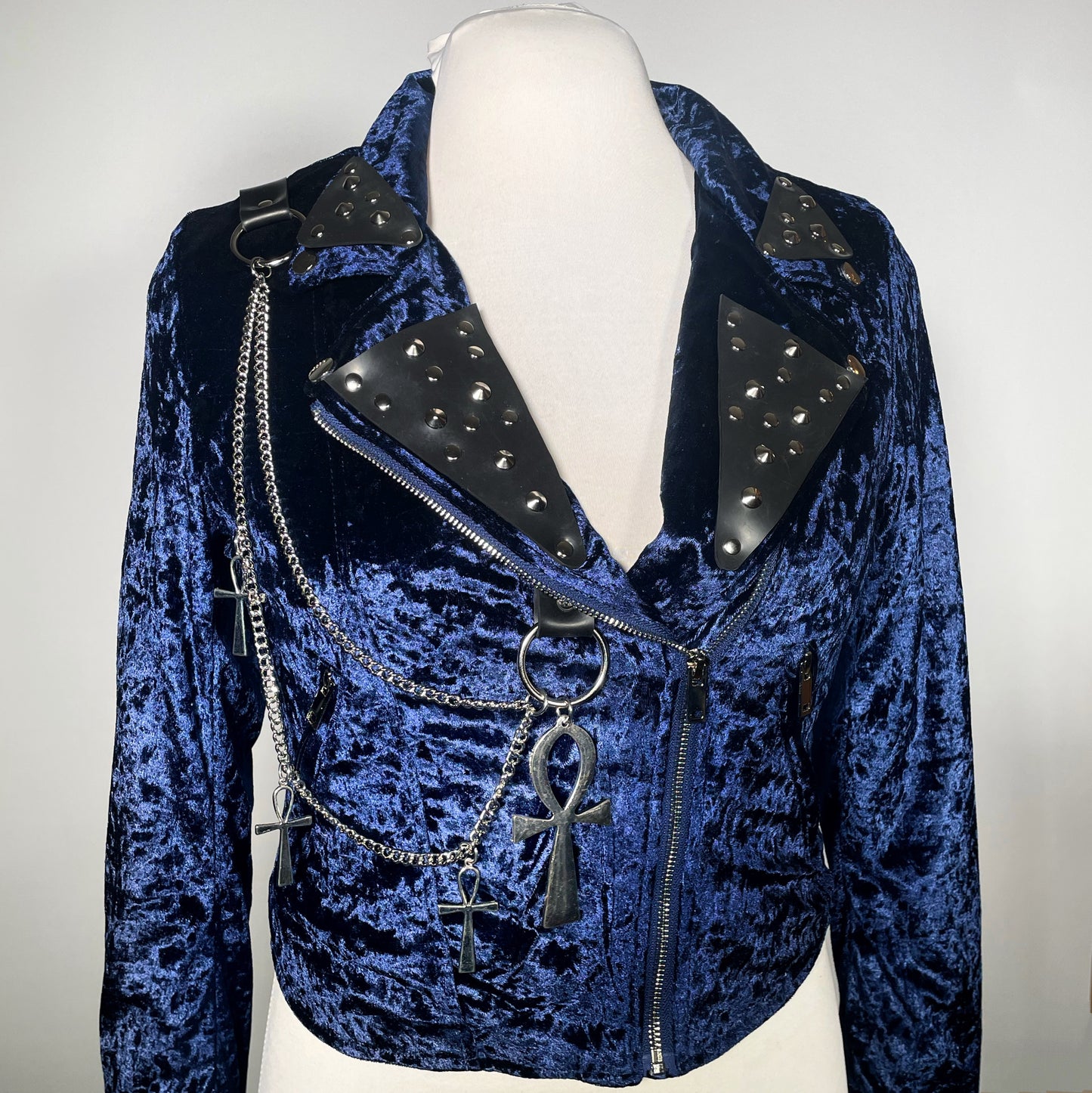 Blue Goth Crushed Velvet Moto with Rubber Studded Collar and Chains with Ankhs