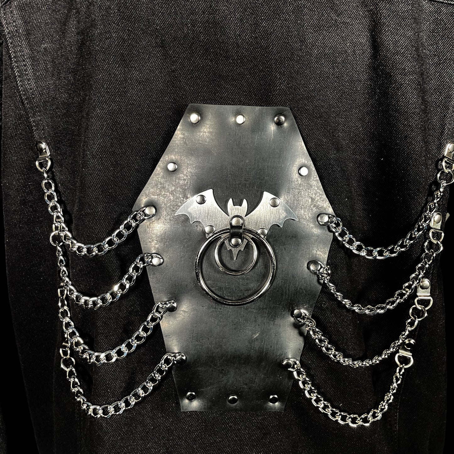 Black Denim Jacket with Stainless O-ring Bats and Coffin Chain Back