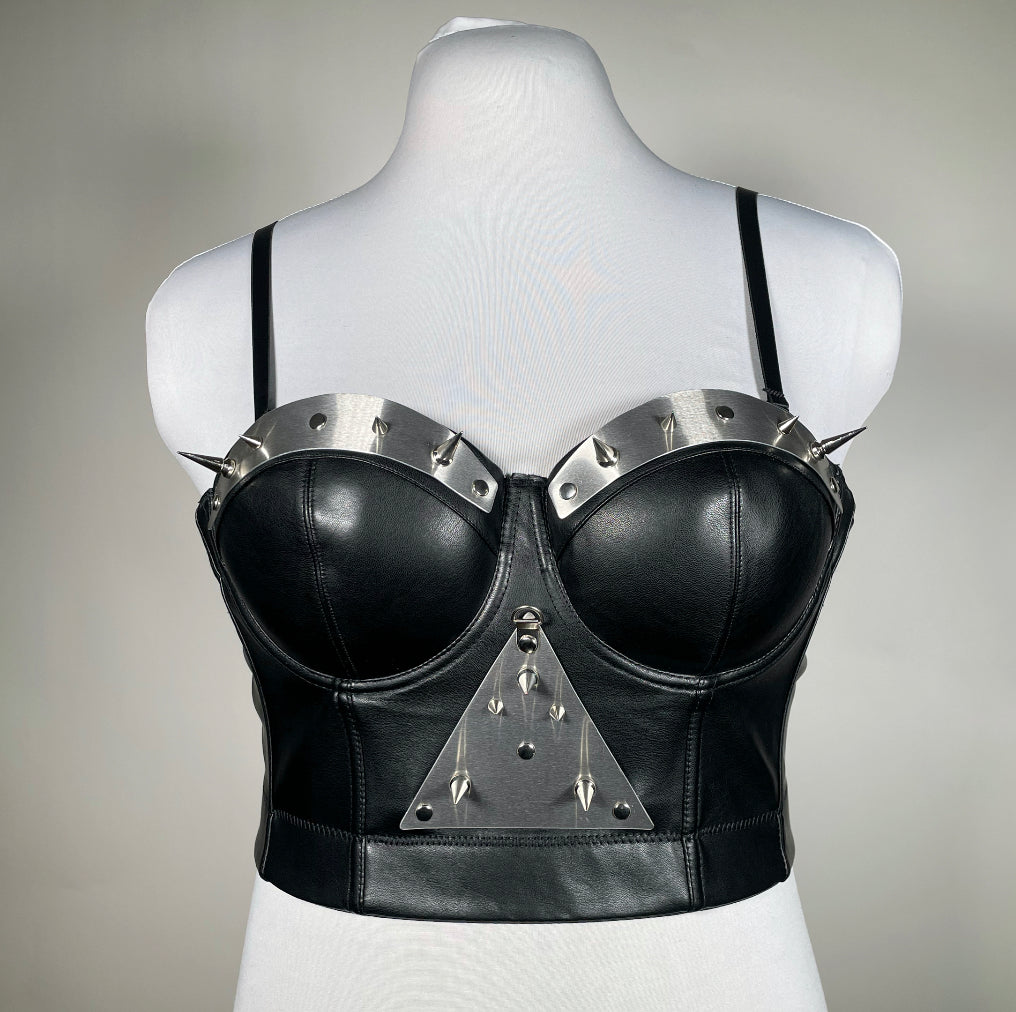 Black Pleather Metal Plate Bustier With Chains