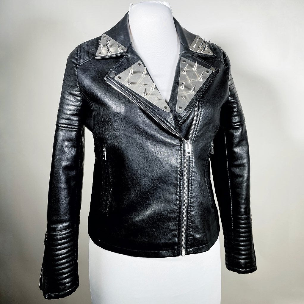 Black Pleather Moto Jacket with Metal Plating and Spikes