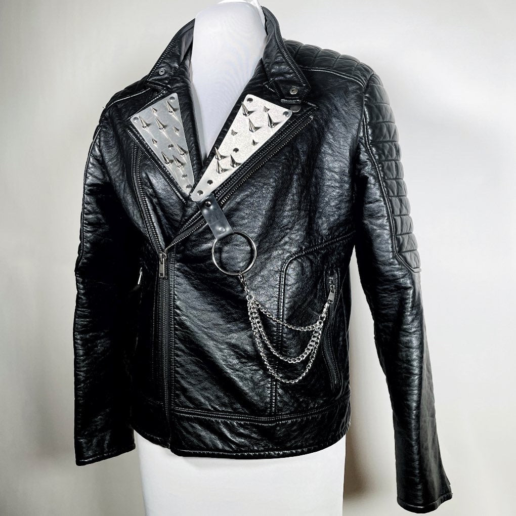 Men's Metal Plate with Spikes w/ Removable Chains Moto Jacket