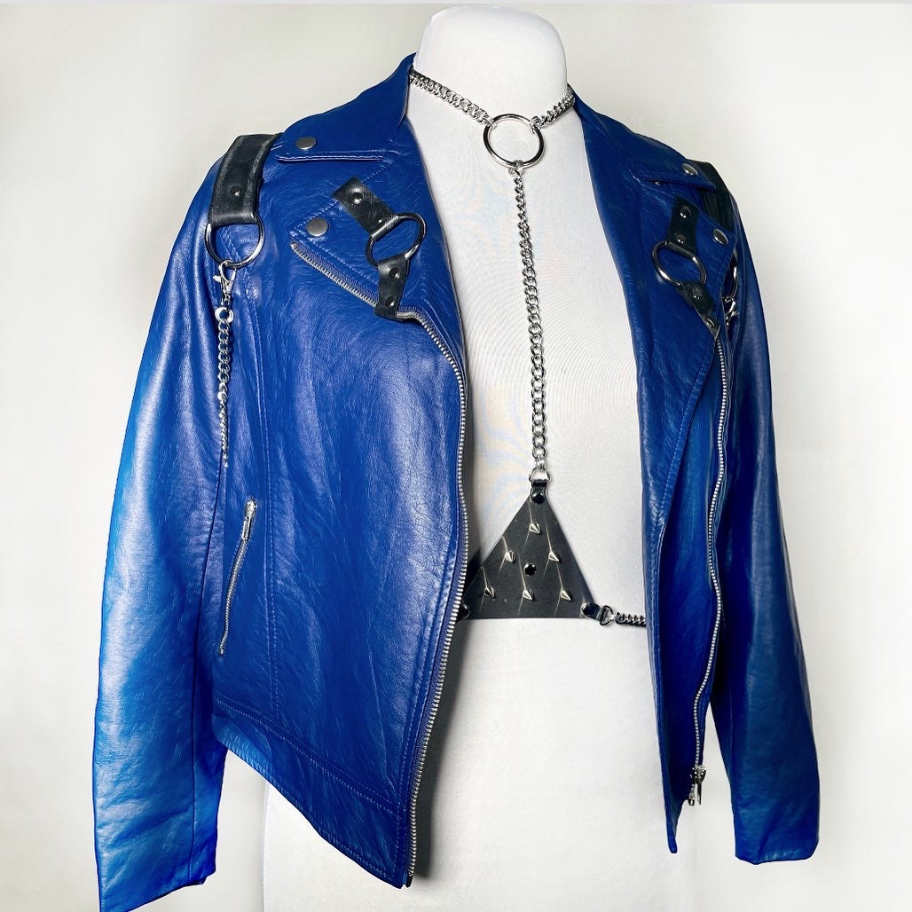 Royal Blue Moto Jacket with Rubber and Chain Harness